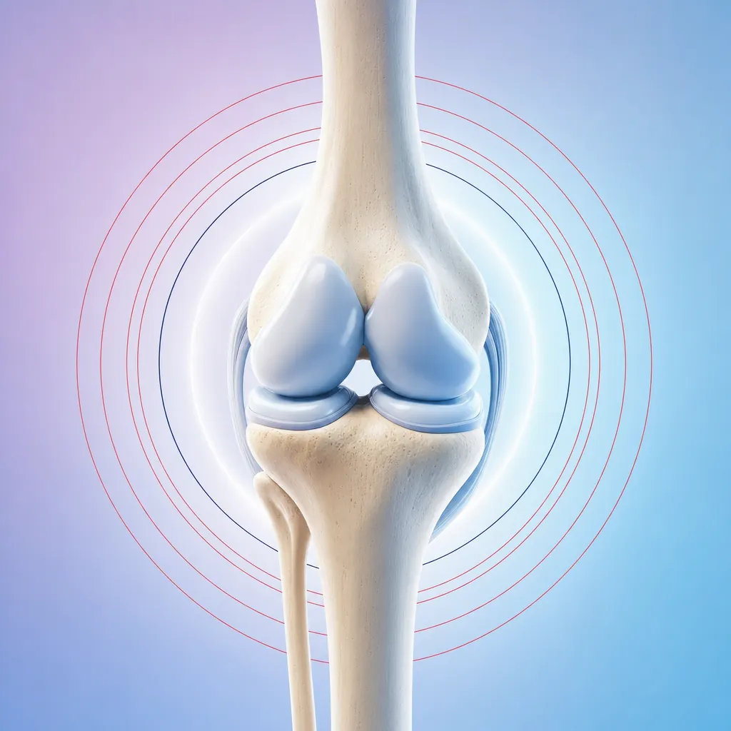 Stylized 3D knee joint anatomy with bluish cartilage inside concentric red rings